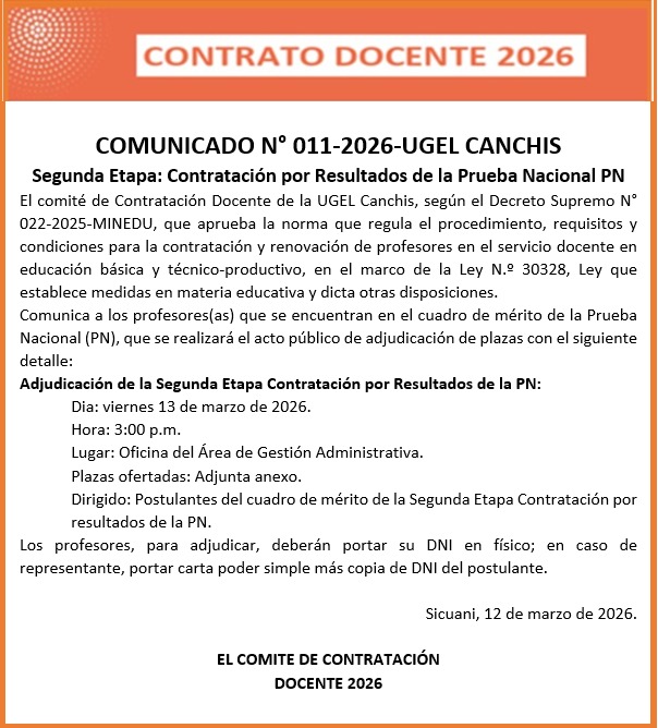 COMUNICADO N° 011-2026-Contratación docente por Resultados de la Prueba Nacional PN